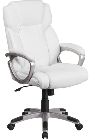 Mid-Back White Leather Executive Swivel Chair With Padded Arms