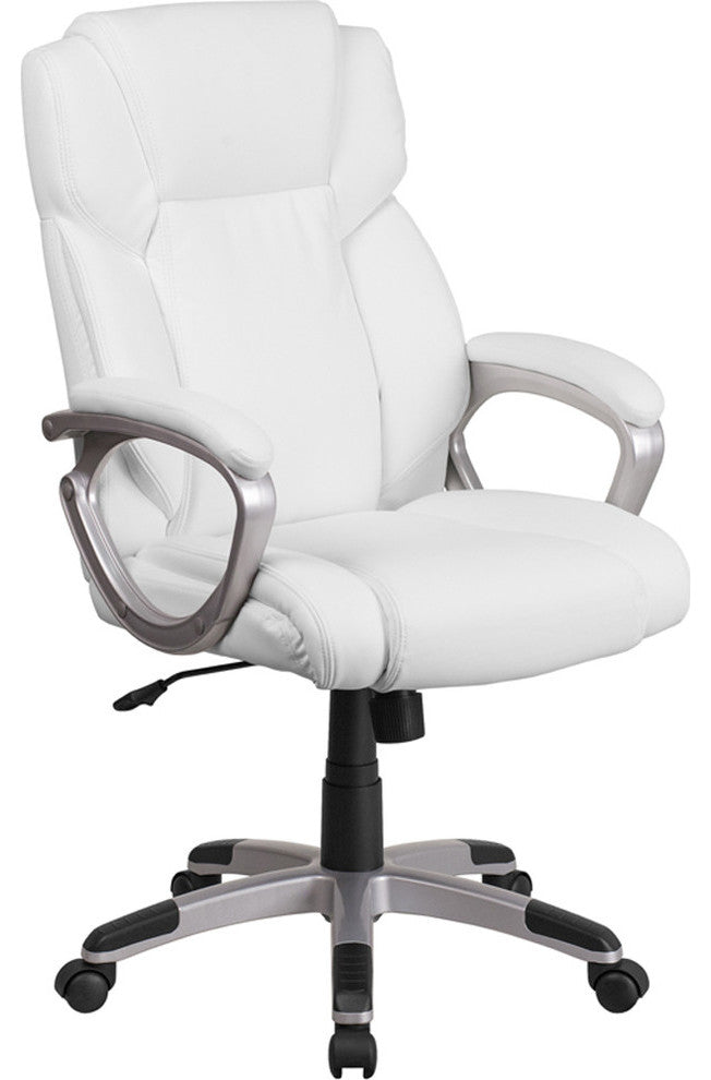 Mid-Back White Leather Executive Swivel Chair With Padded Arms