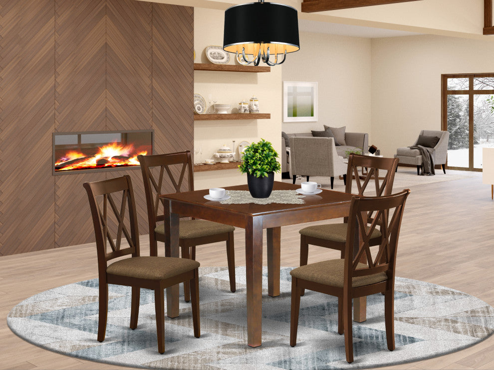 5Pc Dining Set, Square Dinette Table, Four Kitchen Chairs, Mahogany Finish