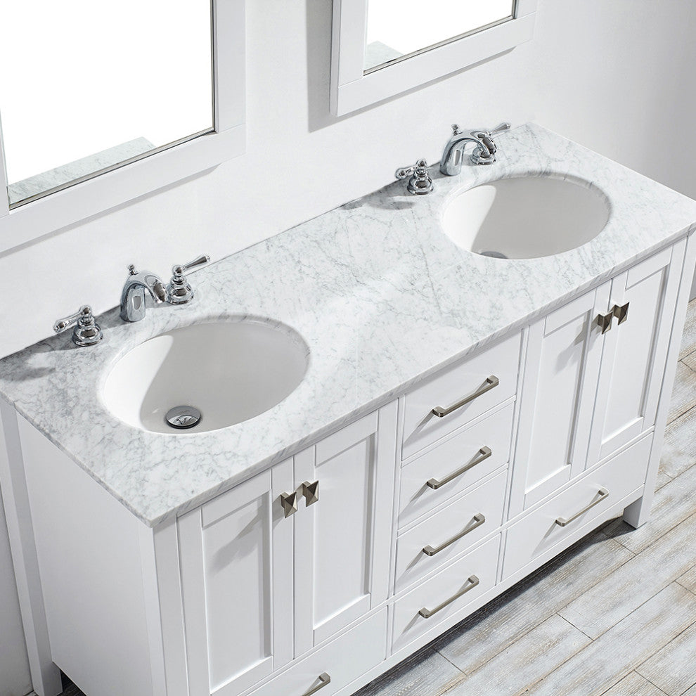 Gela 60" Double Vanity in White with Carrara White Marble Countertop With Mirror