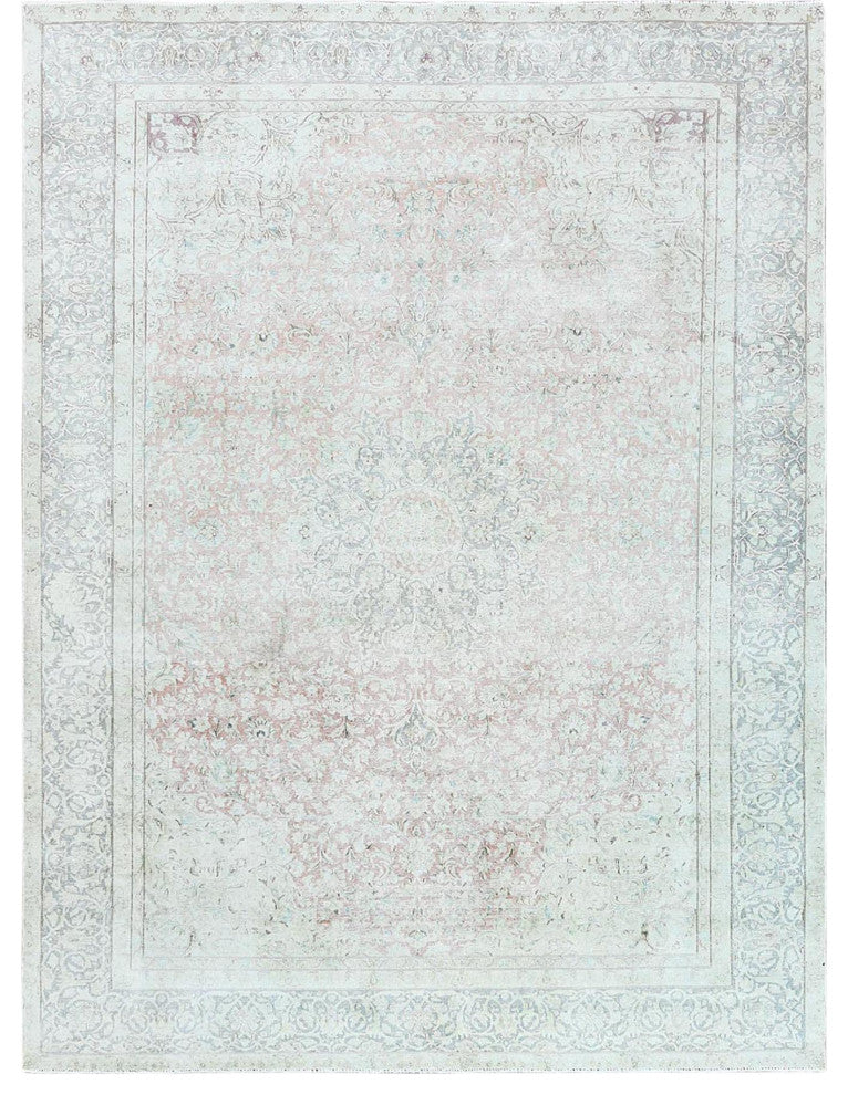 Worn Wool, Hand Knotted, Ivory, Vintage Persian Kerman, Oriental Rug 9'8"x12'10"