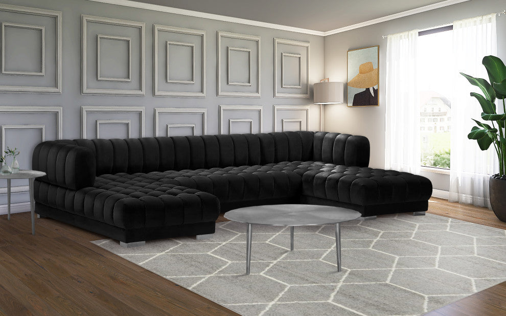 Gwen Biscuit Tufted Velvet Upholstered 3 Piece Sectional, Black