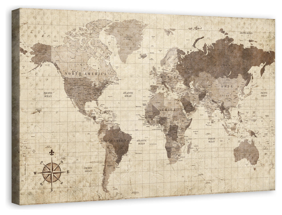 Distressed World Map Canvas Wall Art, 20"x30"