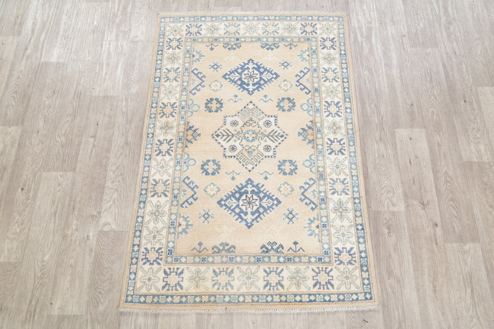 Hand-Knotted Kazak Oriental Traditional Pakistani Area Rug, Beige, 4'11"x3'3
