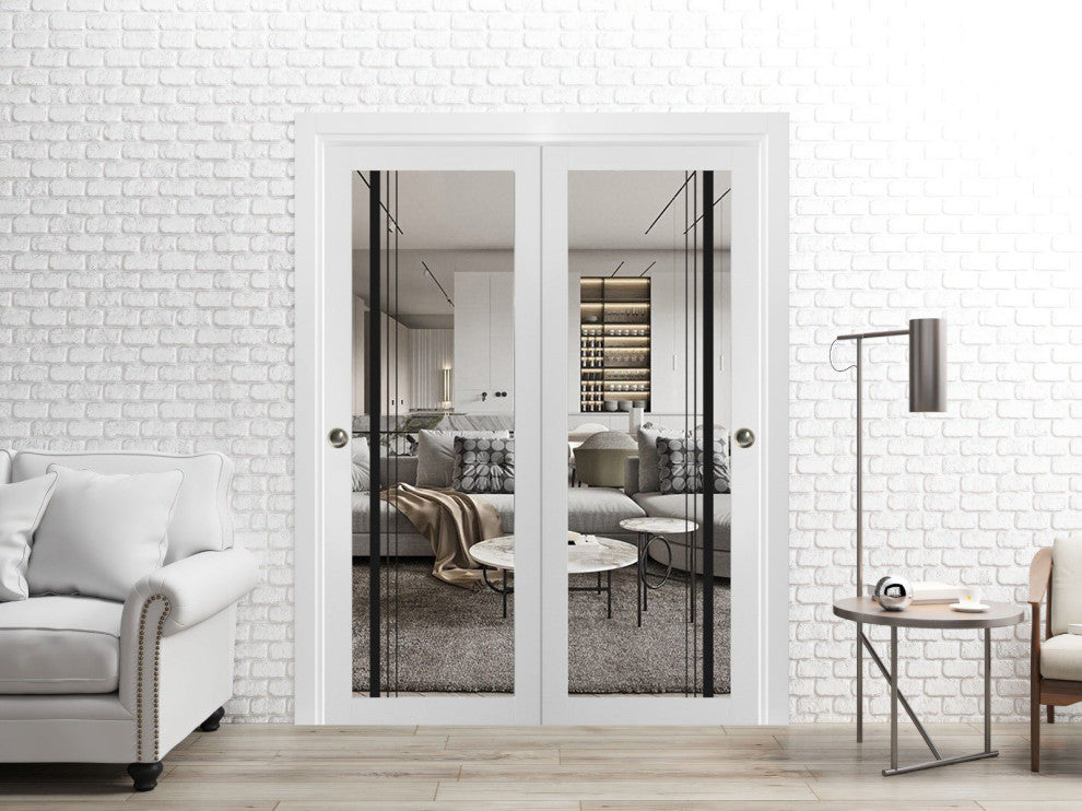 Bypass Doors 36 x 96 | Lucia 2566 White Silk Clear Glass | Sturdy Rails