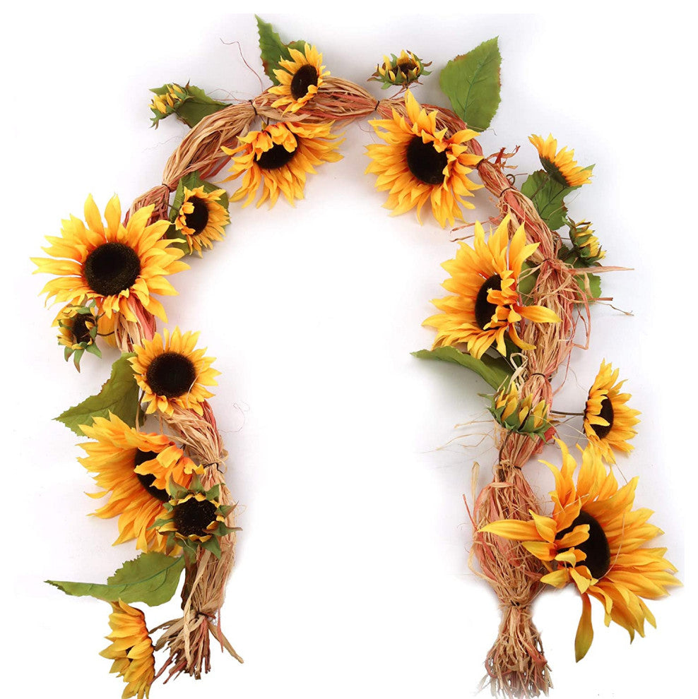 Silk Sunflower Garland Raffia 6' W 17 flowers Indoor Outdoor Fall Decor Pack 6