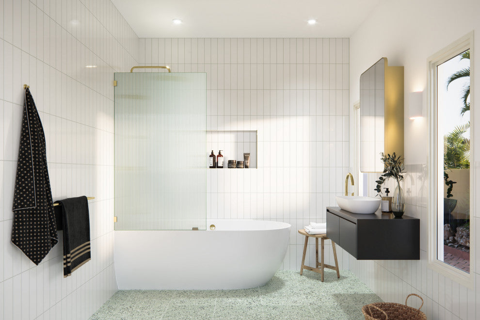 30"x58.25" Single Fixed Fluted Bath Panel Shower Tub Door, Polished Brass