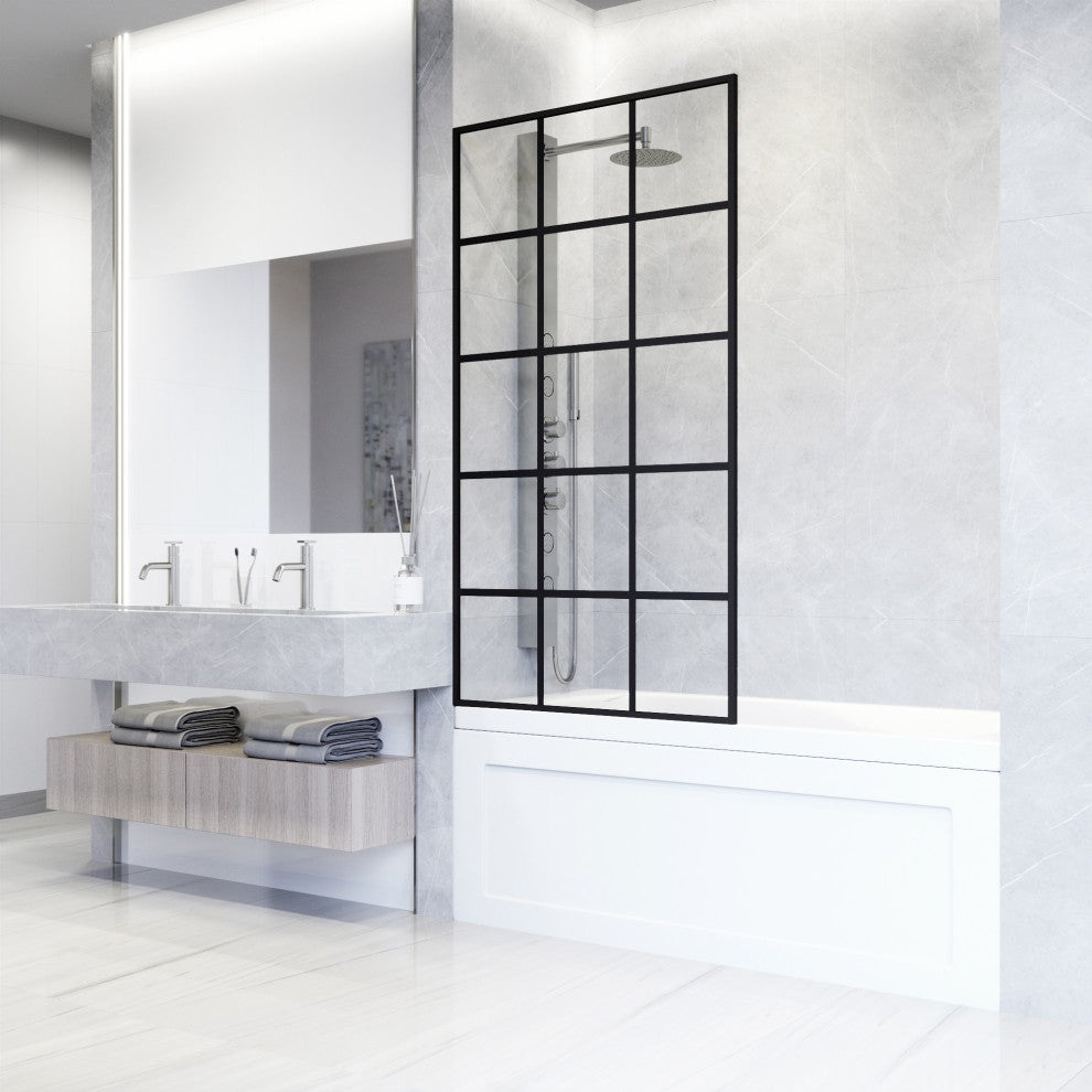 VIGO Mosaic Framed Fixed, Matte Black, Tub Screen, 34" W X 62" H, Clear Glass