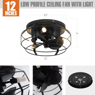12 in Black Flush Mount Caged DC Motor Ceiling Fan with Light Kit and Remote