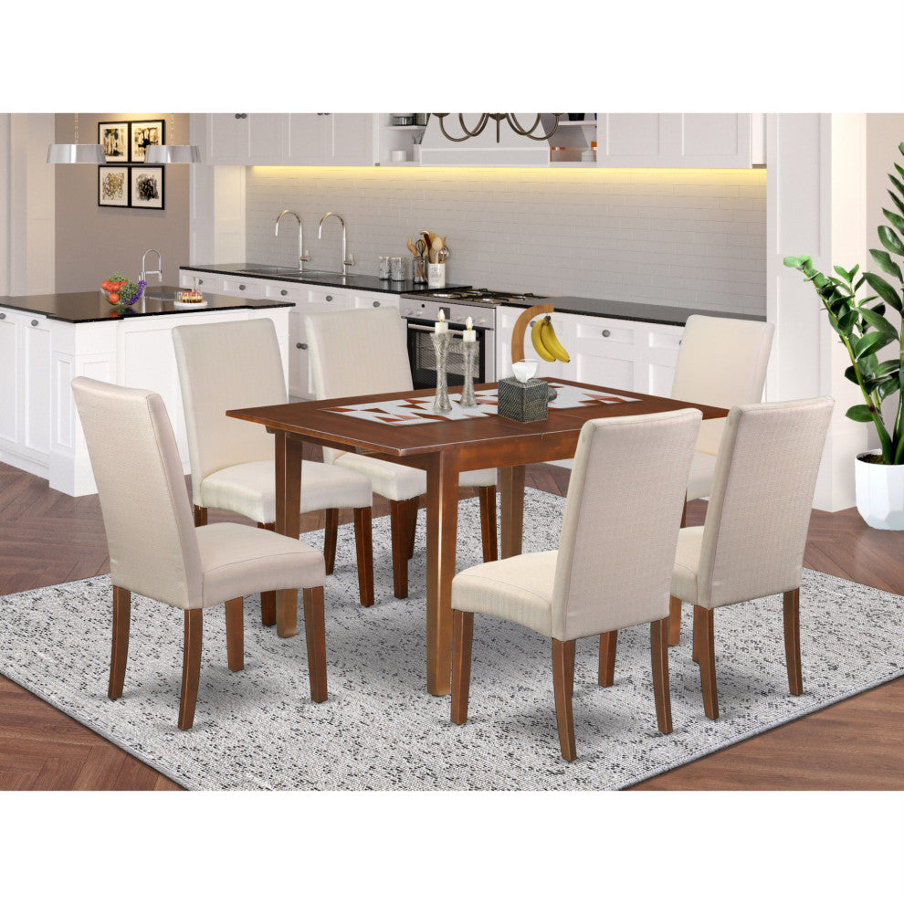 7Pc Rectangle 42/54" Dining Table, 6 Parson Chair, Mahogany Finish Leg
