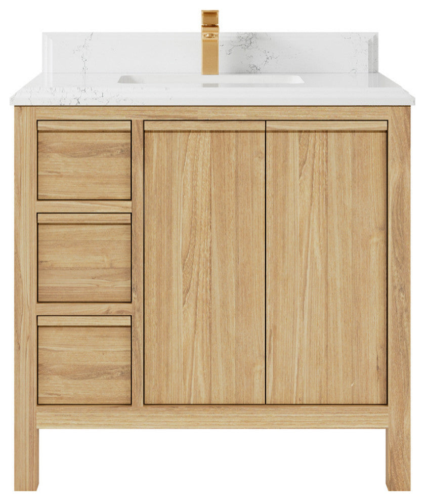 Elizabeth 36 Center Sink Bath Vanity in Light Natural Teak 1.5" Empira Quartz