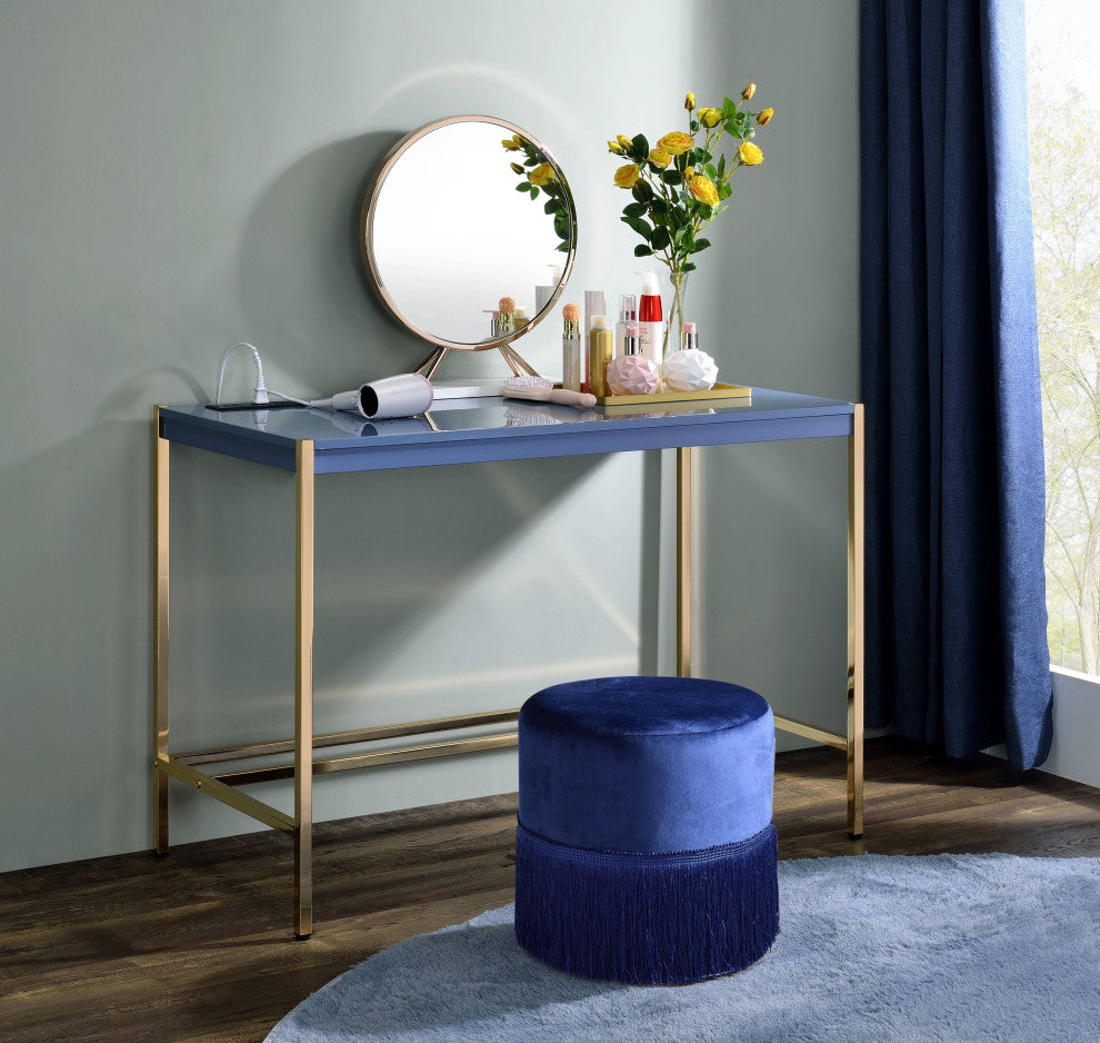 Midriaks Writing Desk WithUSB, Navy Blue and Gold Finish