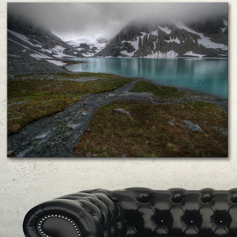 Turquoise Mountain Lake with Clouds, Landscape Canvas Art Print, 60"x28"