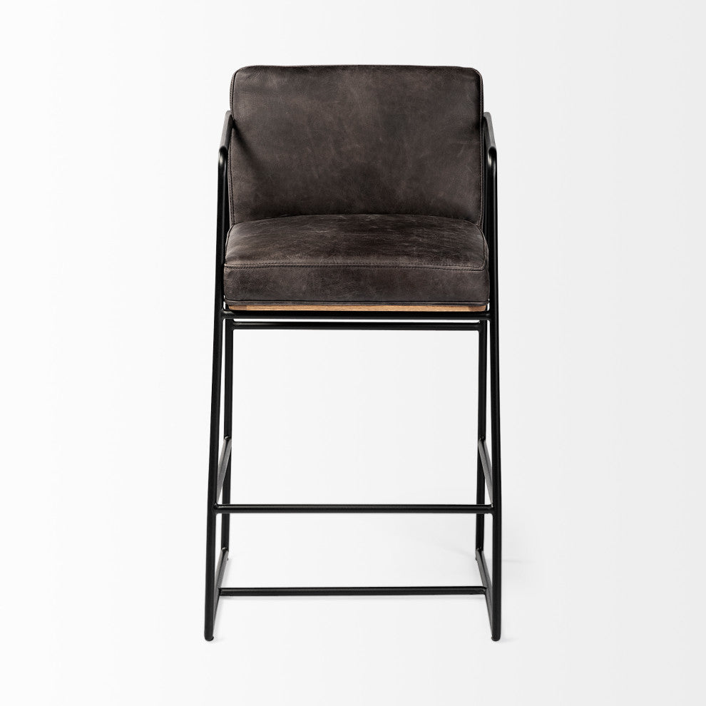 Stamford Black Leather Seat With Wood Back, Metal Frame Counter Stool