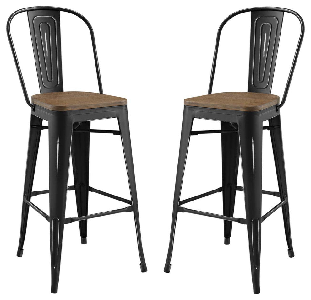 Bar Stool Chair Barstool, Set of 2, Wood, Metal, Black, Modern, Bar Pub Bistro