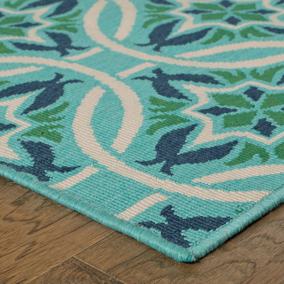 Madelina Floral Blue and Green Indoor or Outdoor Area Rug, 8'6"x13'