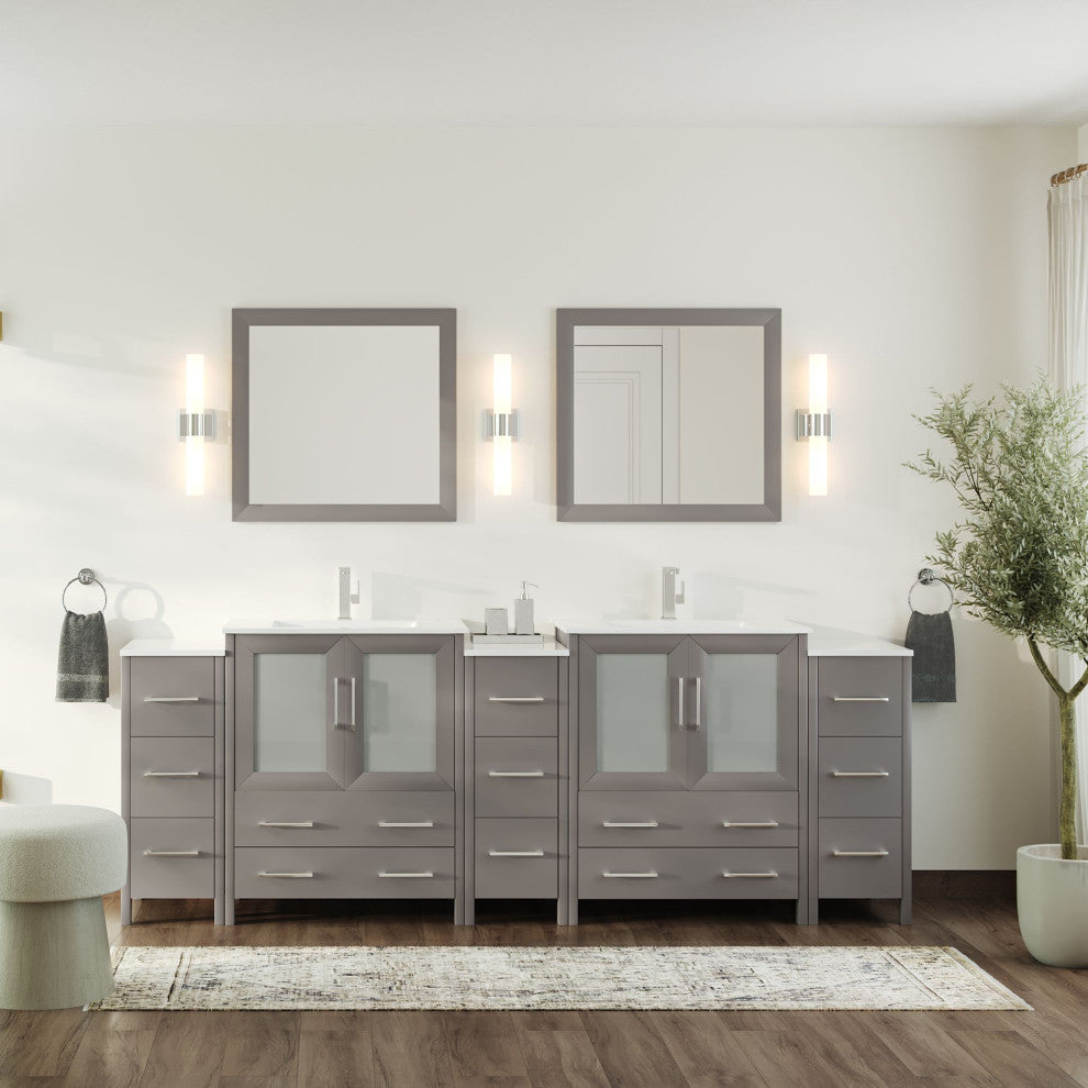 The Pullman Bathroom Vanity, Gray, 96", Double Sink, Freestanding