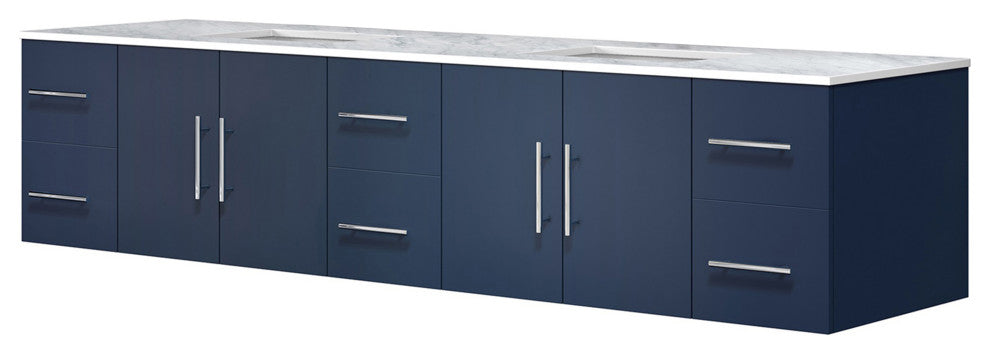 Geneva 84 Navy Blue DB Vanity, White Carrara Marble Top, Square Sinks, no Mirror