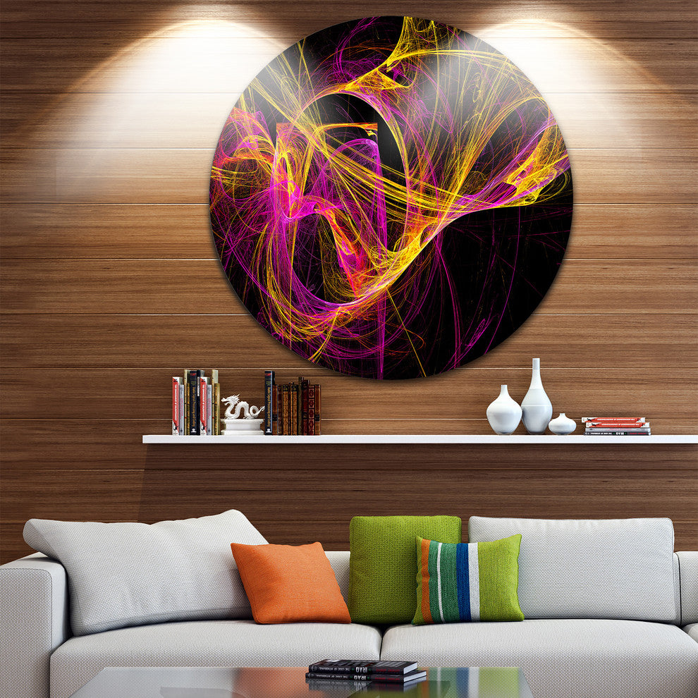 Wisps Of Smoke Yellow In Black, Abstract Round Metal Wall Art, 38"
