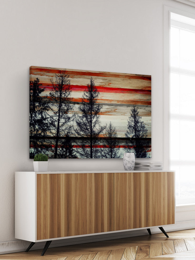 "Trees Against Red Striped Sky" Fine Art Canvas Print, 30"x20"