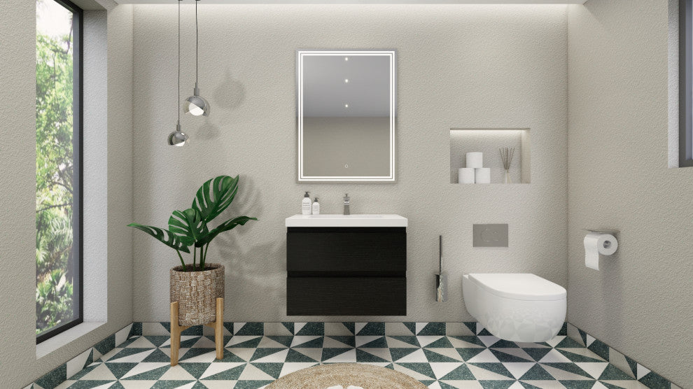 Belli 30" Wall Mounted Single Bathroom Vanity Set, Rich Matt Black, Glossy White Top