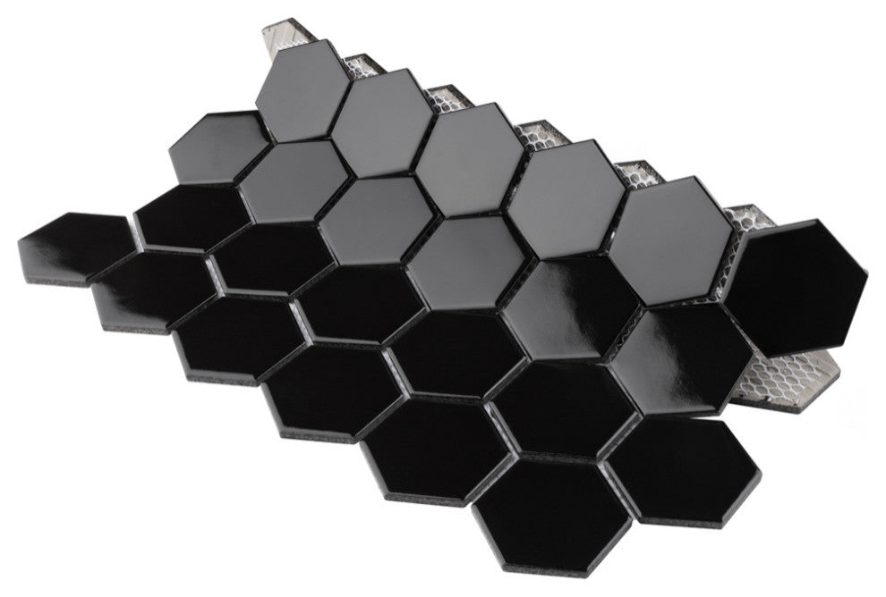 Metro 2" Hex Glossy Black Porcelain Floor and Wall Tile