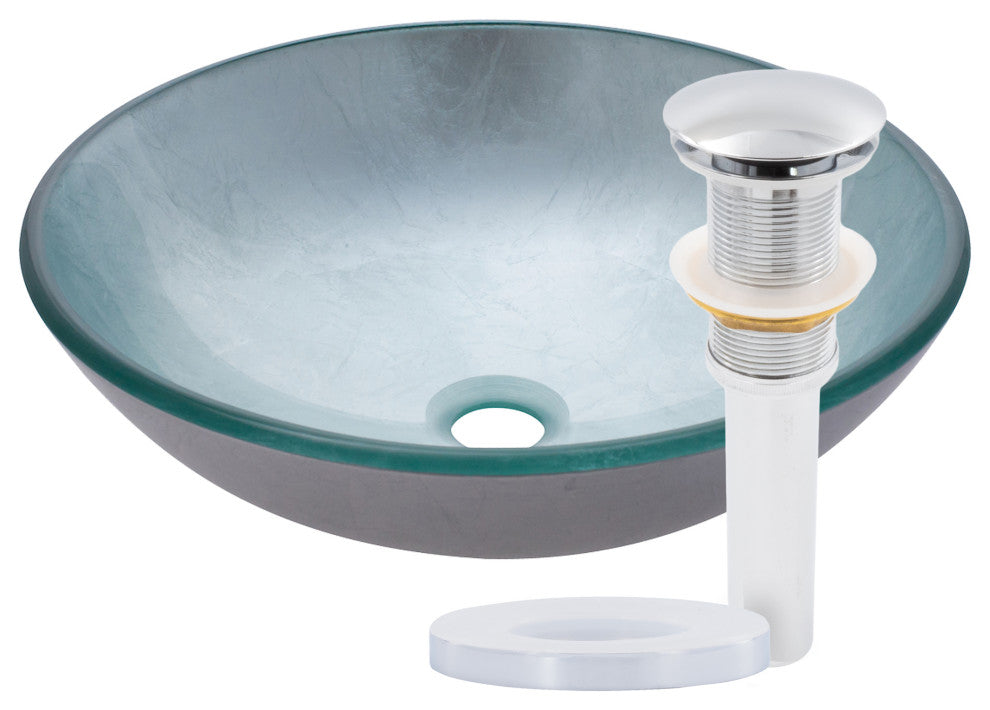 Argento Silver Foiled Round Tempered Glass Vessel Bath Sink and Drain, Chrome