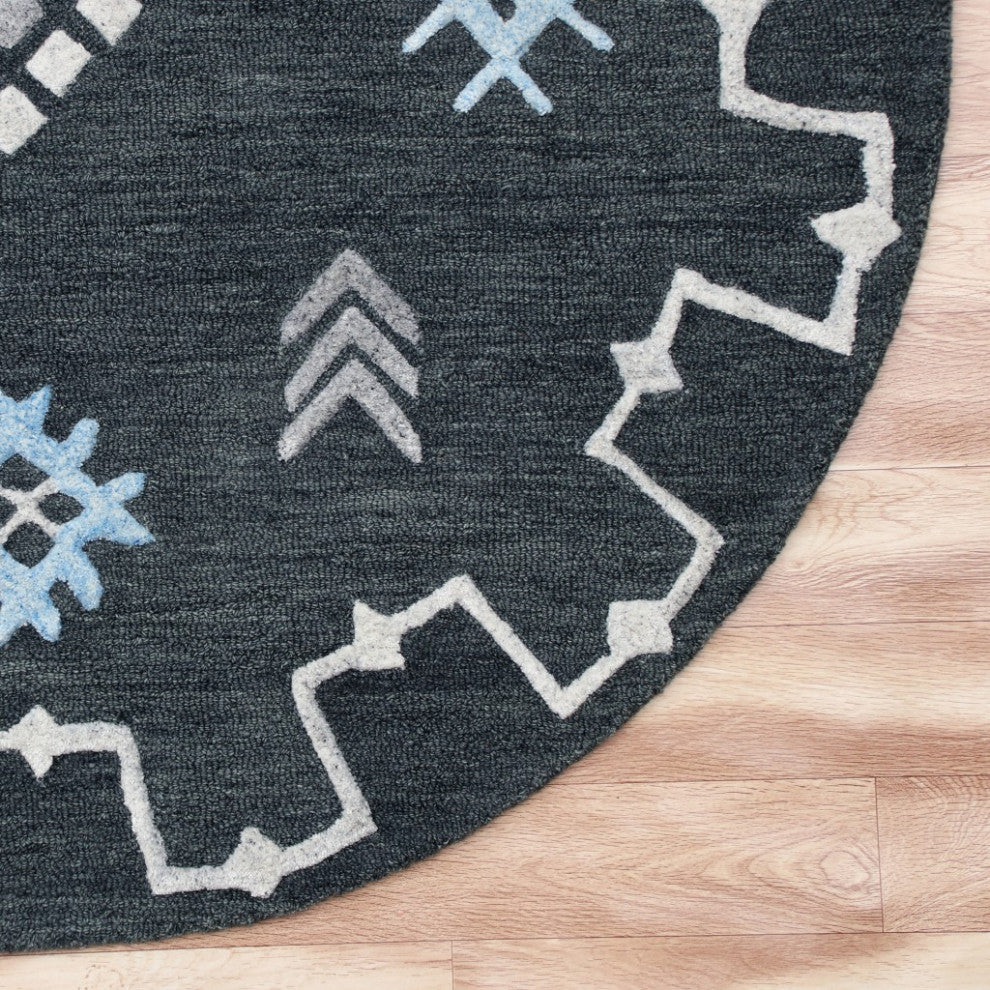 7" Round Charcoal Geometric Border Area Rug