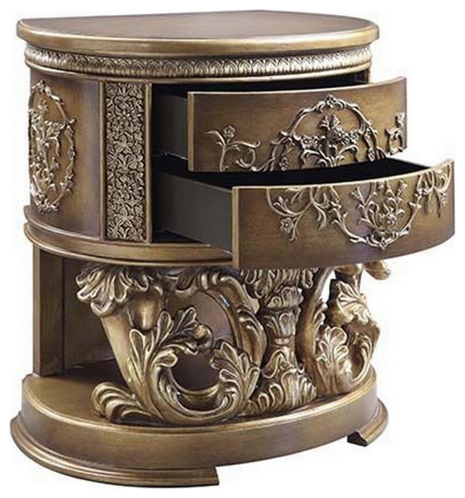 Benzara BM251166 Nightstand, Scrolled Carvings and Half Moon Shape, Antique Gold