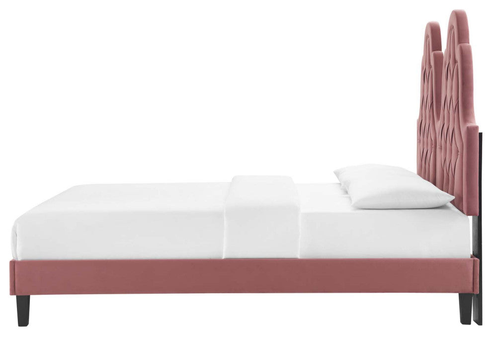 Tufted Platform Bed Frame, Twin Size, Velvet, Pink, Modern Contemporary, Bedroom