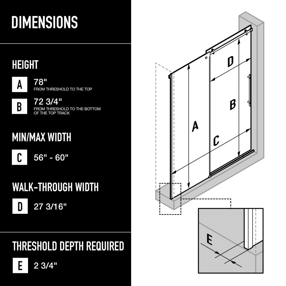 VIGO Luca 56" to 60" W x 79" H Frameless Sliding Shower Door, Matte Brushed Gold, Clear Glass