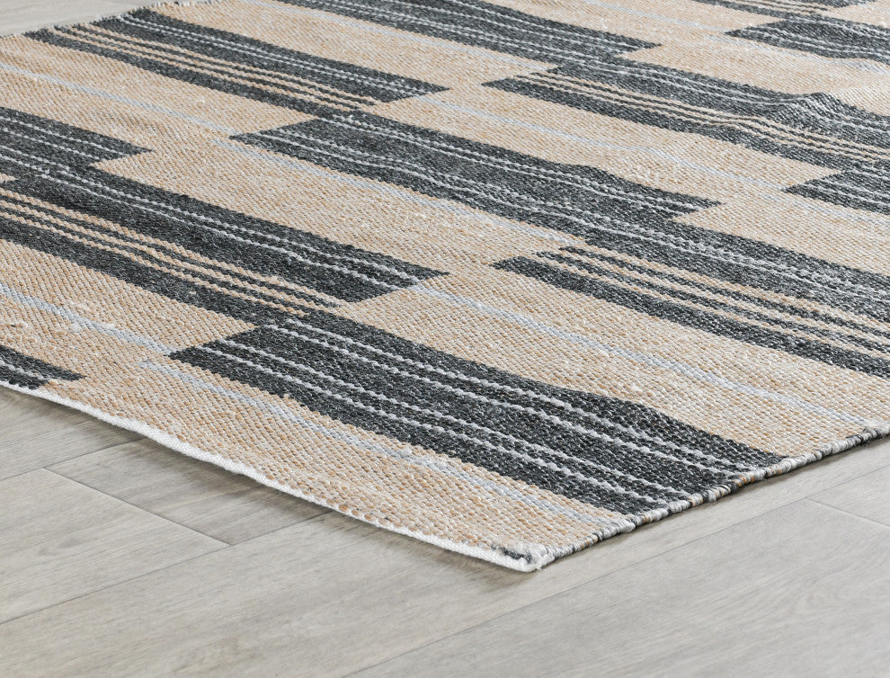 Boulder Indoor Outdoor Handwoven Stripe Blue Area Rug, Charcoal, 5x8