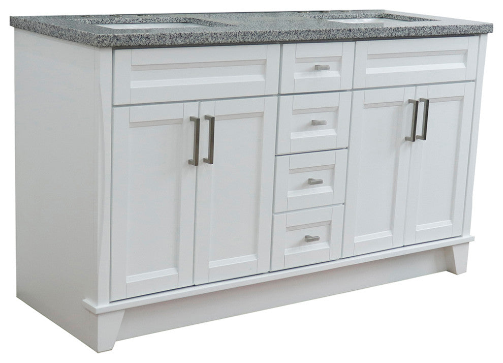 61" Double Sink Vanity, White Finish And Gray Granite And Rectangle Sink