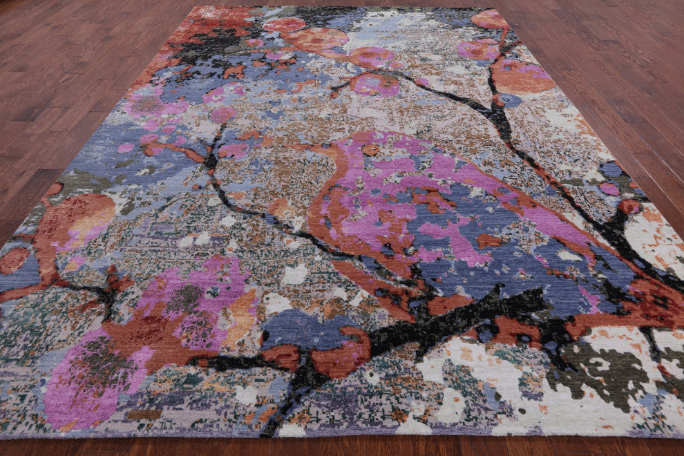 Modern Bird Design Hand Knotted Wool and Silk Rug 8' 11" X 12' 1" Q6831