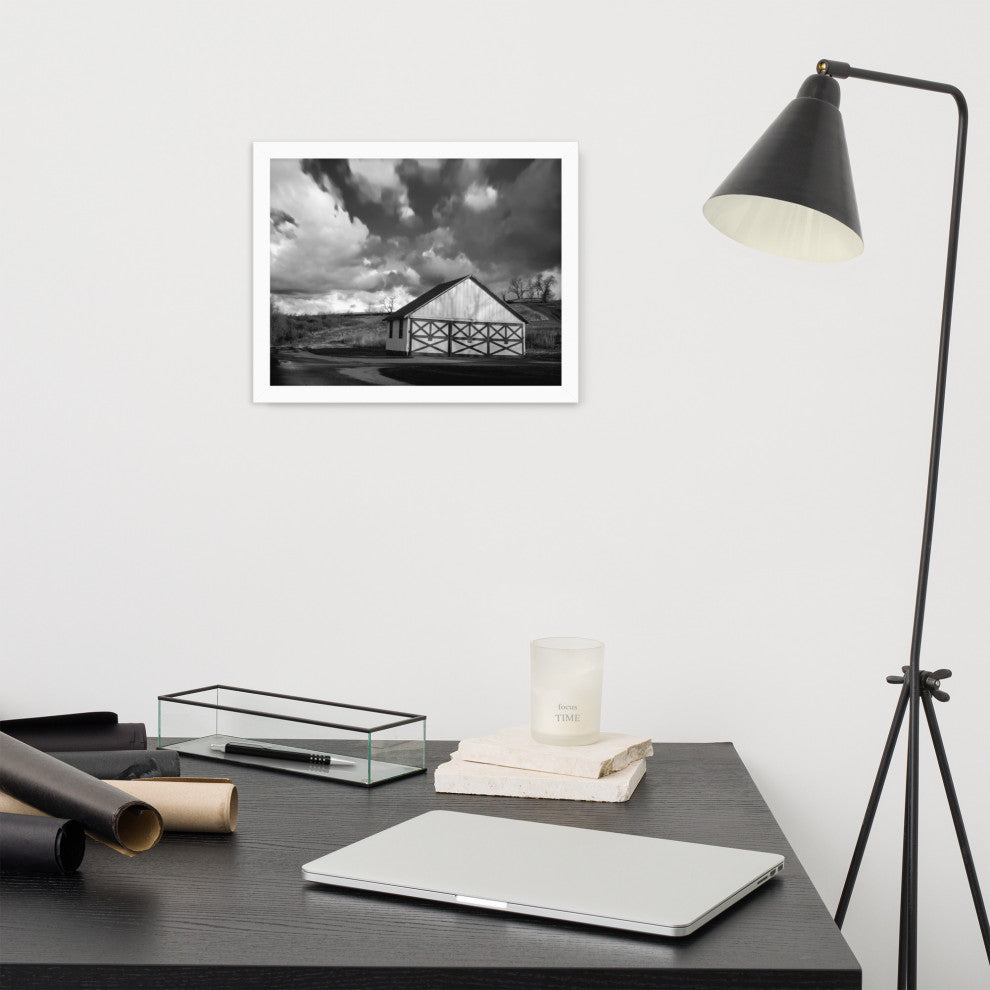 Aging Barn Morning Sun in Black and White Framed Photo Paper Wall Art Prints, White, 11" X 14"
