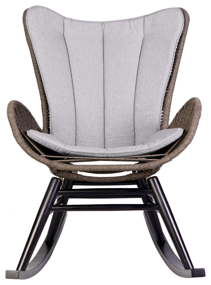 Fanny Outdoor Patio Rocking Chair, Dark Eucalyptus Wood And Truffle Rope, Dark Eucalyptus