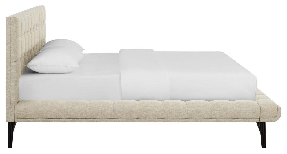 Julia Queen Biscuit Tufted Upholstered Fabric Platform Bed Beige