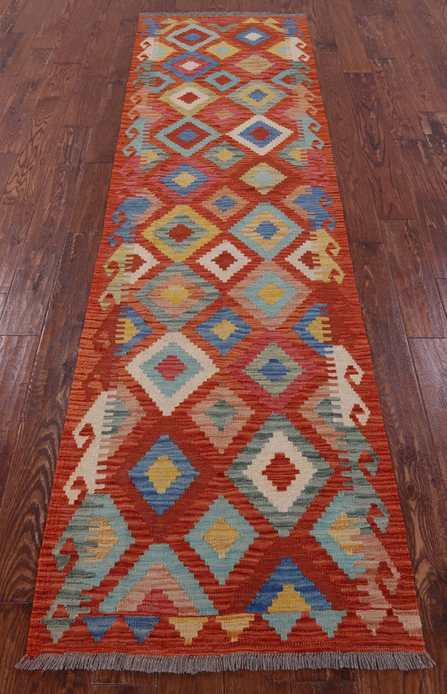 2' 8" X 9' 9" Runner Kilim Flat Weave Reversible Wool On Wool Rug - Q12555