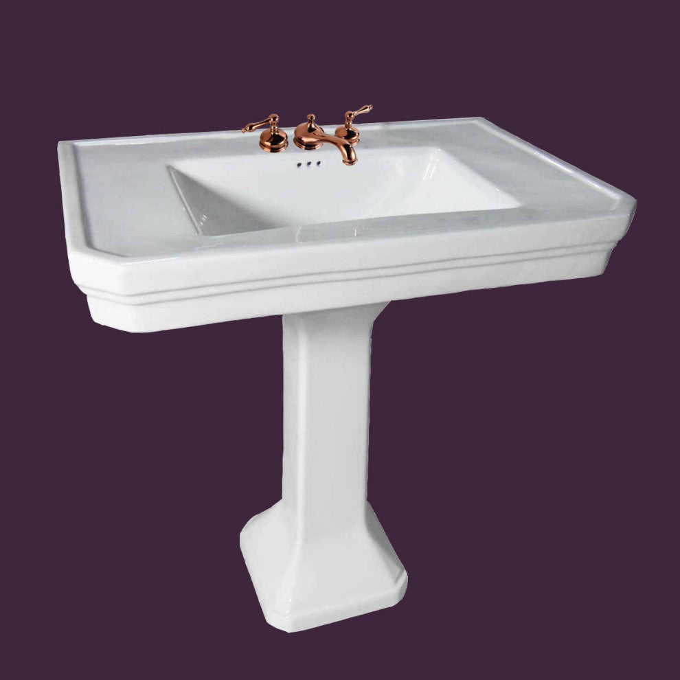 White Large Vitreous Victorian Pedestal Sink with 8" Widespread Rose Gold Fauce