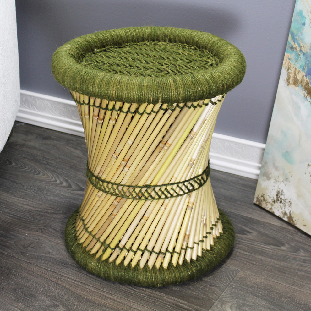 Natural Geo Moray Decorative Handwoven Jute Accent Stool, Navy Green