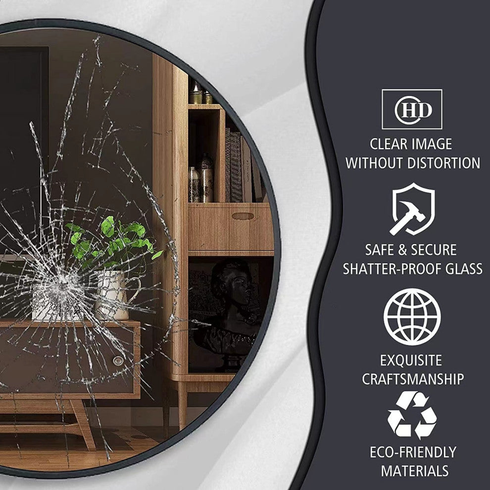 Round Aluminium Framed Wall Mounted Mirror in Black, Black, 24"