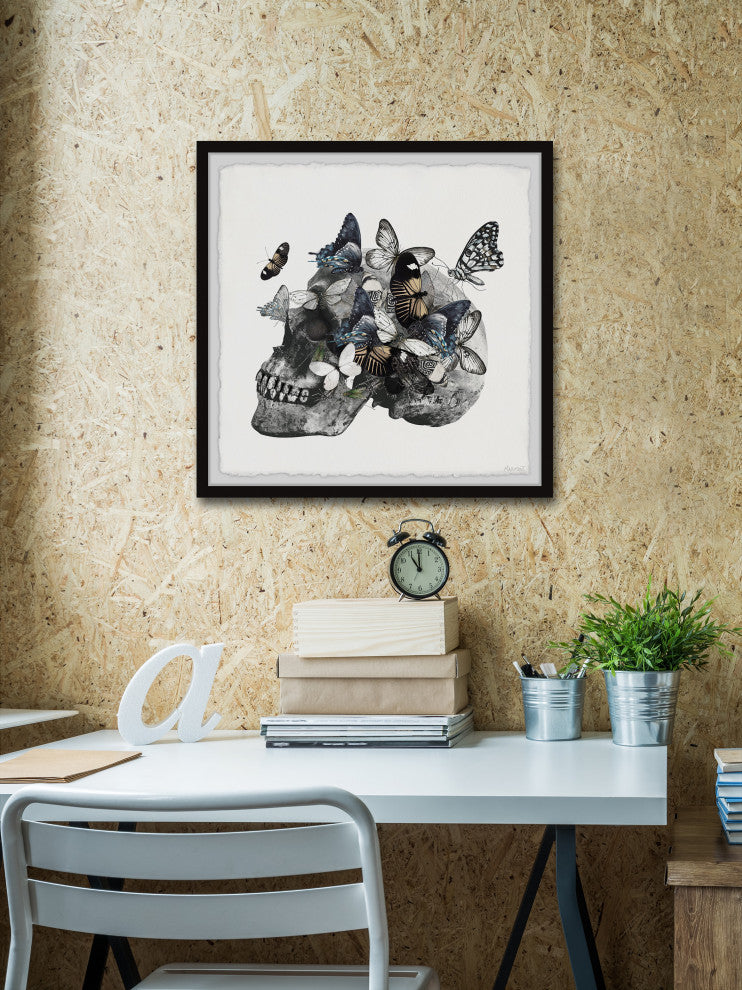 "Butterfly Swarm and Skull" Framed Painting Print, 18x18
