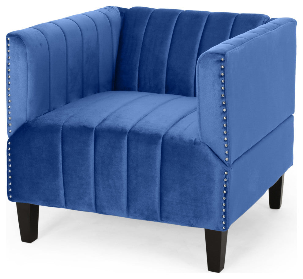 Judson Channel Stitch Velvet Club Chair, Navy Blue, Dark Brown