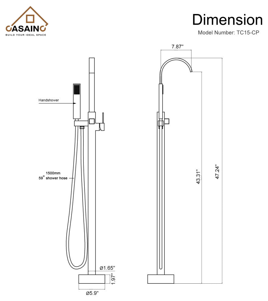 Floor Mount Bathtub Faucet with Hand Shower, Chrome
