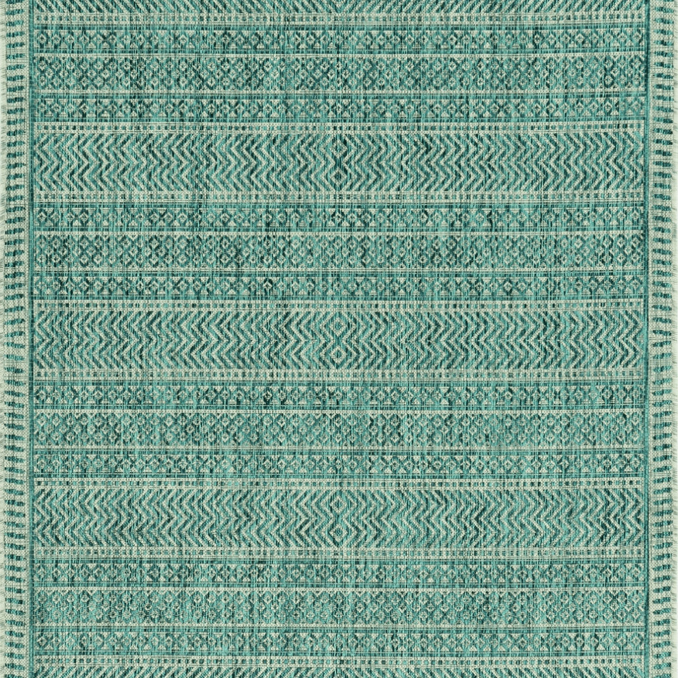 8' Round Teal Geometric Pattern Indoor Outdoor Area Rug