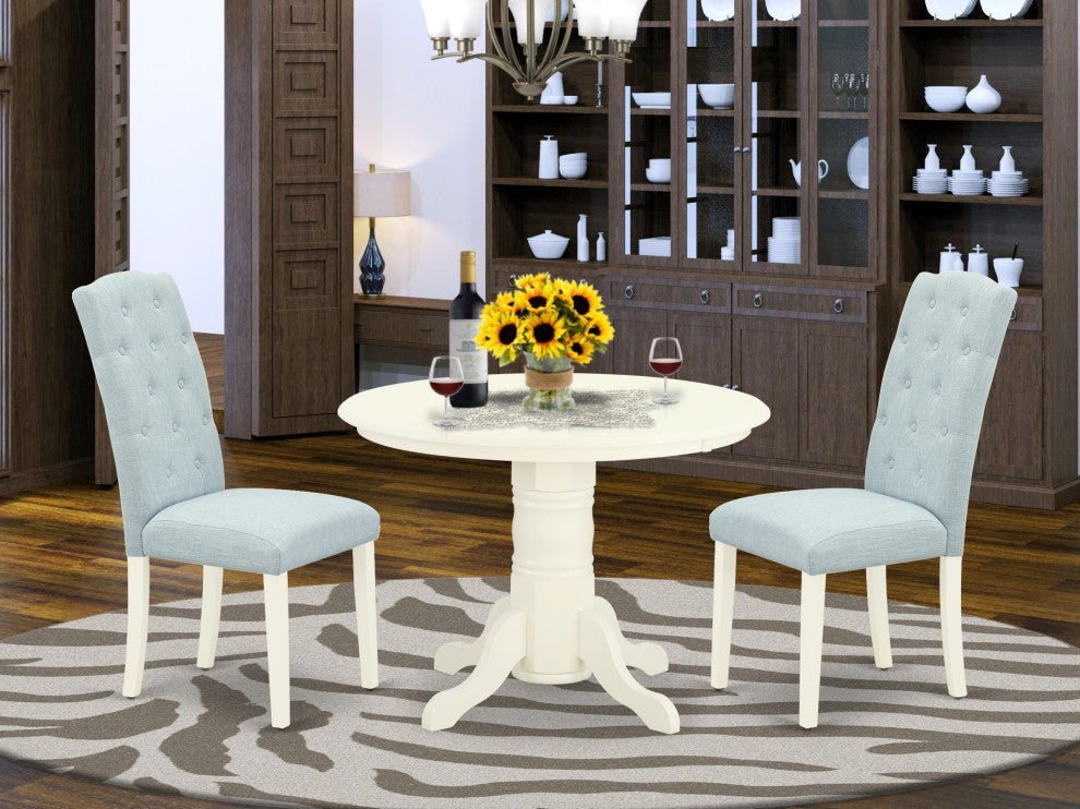 3Pc Dinette Set, Round Dining Table, Two Parson Chairs, Baby Blue Fabric, White