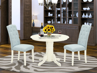 3Pc Dinette Set, Round Dining Table, Two Parson Chairs, Baby Blue Fabric, White