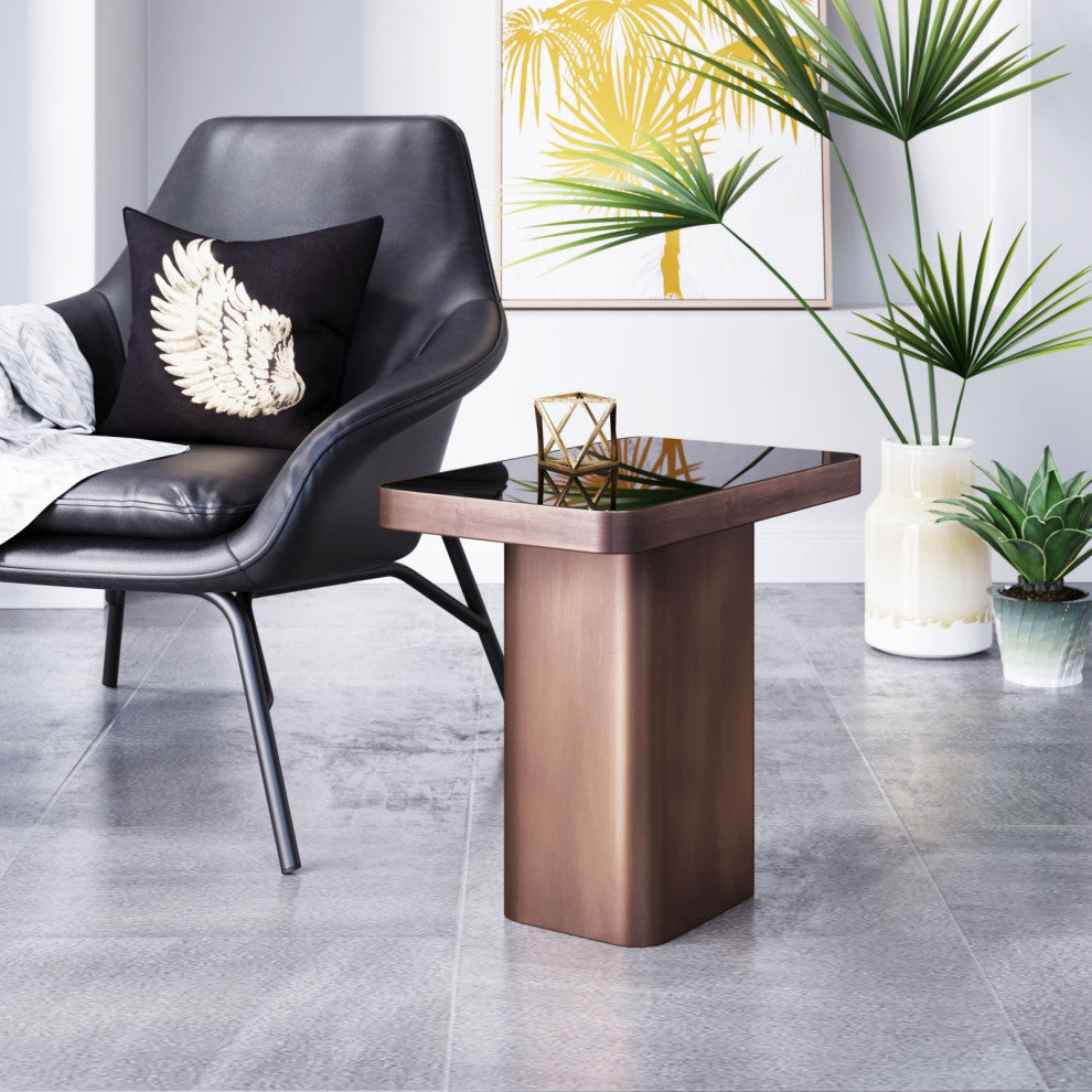 Sofa Side Table, Rectangular, Glass, Metal, Black, Antique Bronze, Hospitality