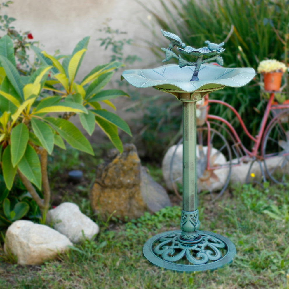 33" Tall Outdoor Lotus Birdbath Yard Statue, Green