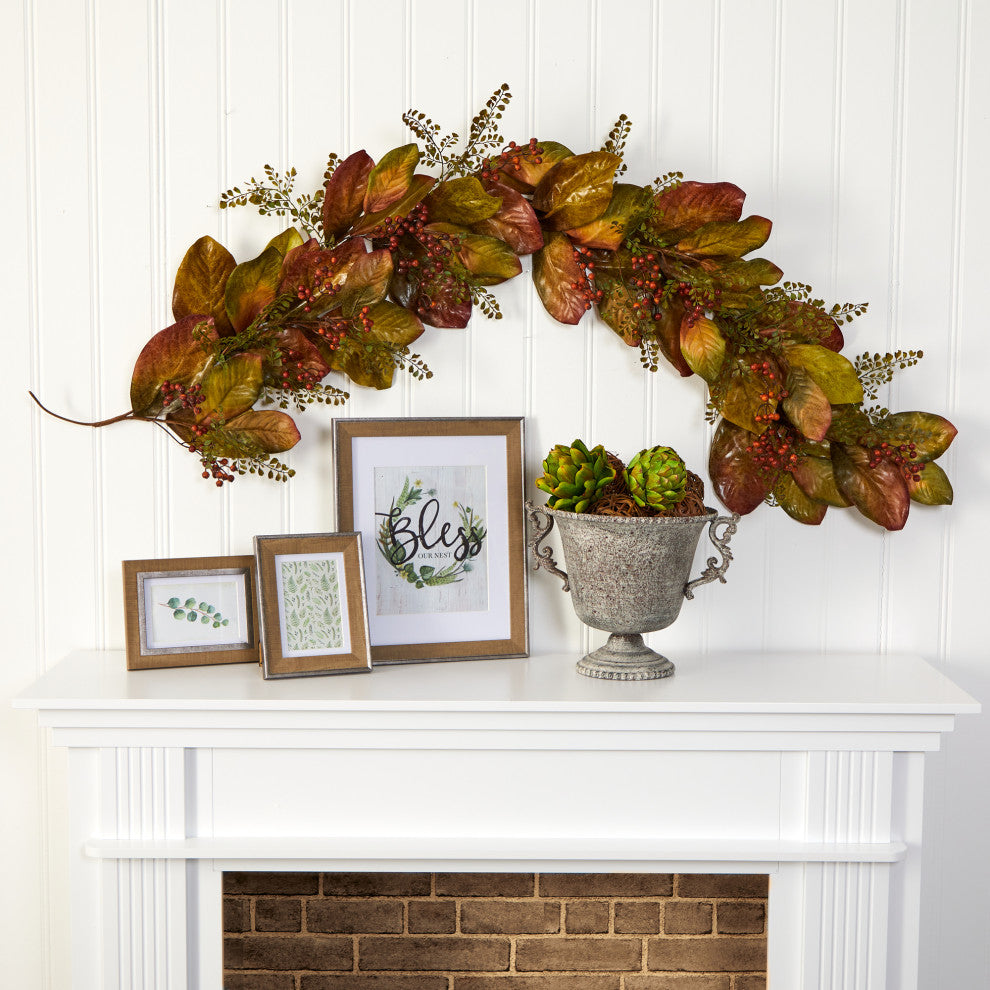 Nearly Natural 6ï¿½ Autumn Magnolia Leaf and Berries Artificial Garland